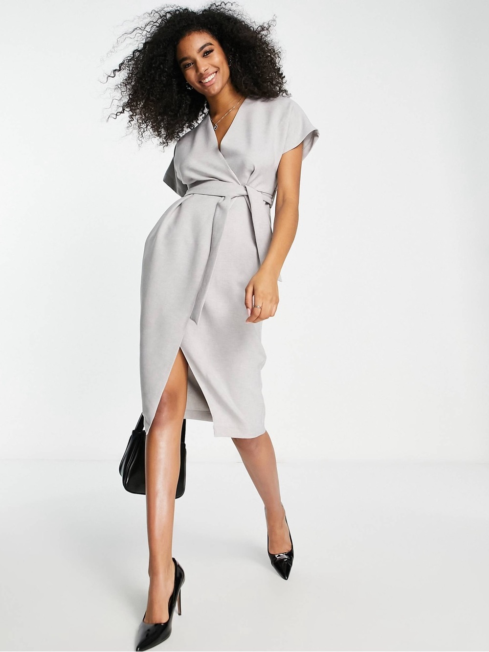 Closet London wrap tie midi dress in gray Size 10 Missing belt